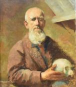 British School (20th Century) Portrait of a Bearded Man holding a Skull