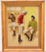 Henry Koehler (American, 1927-2018), 'Jockeys' Room Chat', oil on canvas laid on panel, 35.5 x 28cm