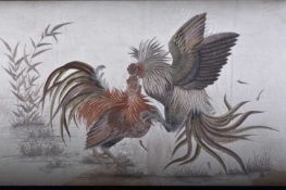 A Japanese silk embroidery of a cock fight, Meiji era