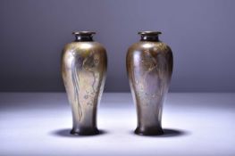 A pair of Japanese inlaid bronze vases, Meiji era