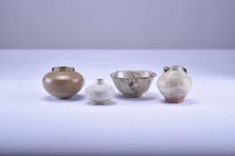 Three Chinese celadon jarlets and a small bowl, Yuan Dynasty