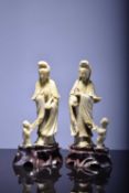 A near pair of Chinese carved soapstone figures of Guanyin