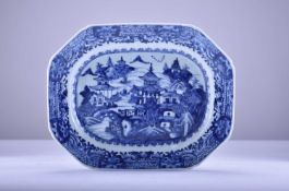 Two Chinese blue and white platters and an oval dish, 18th century