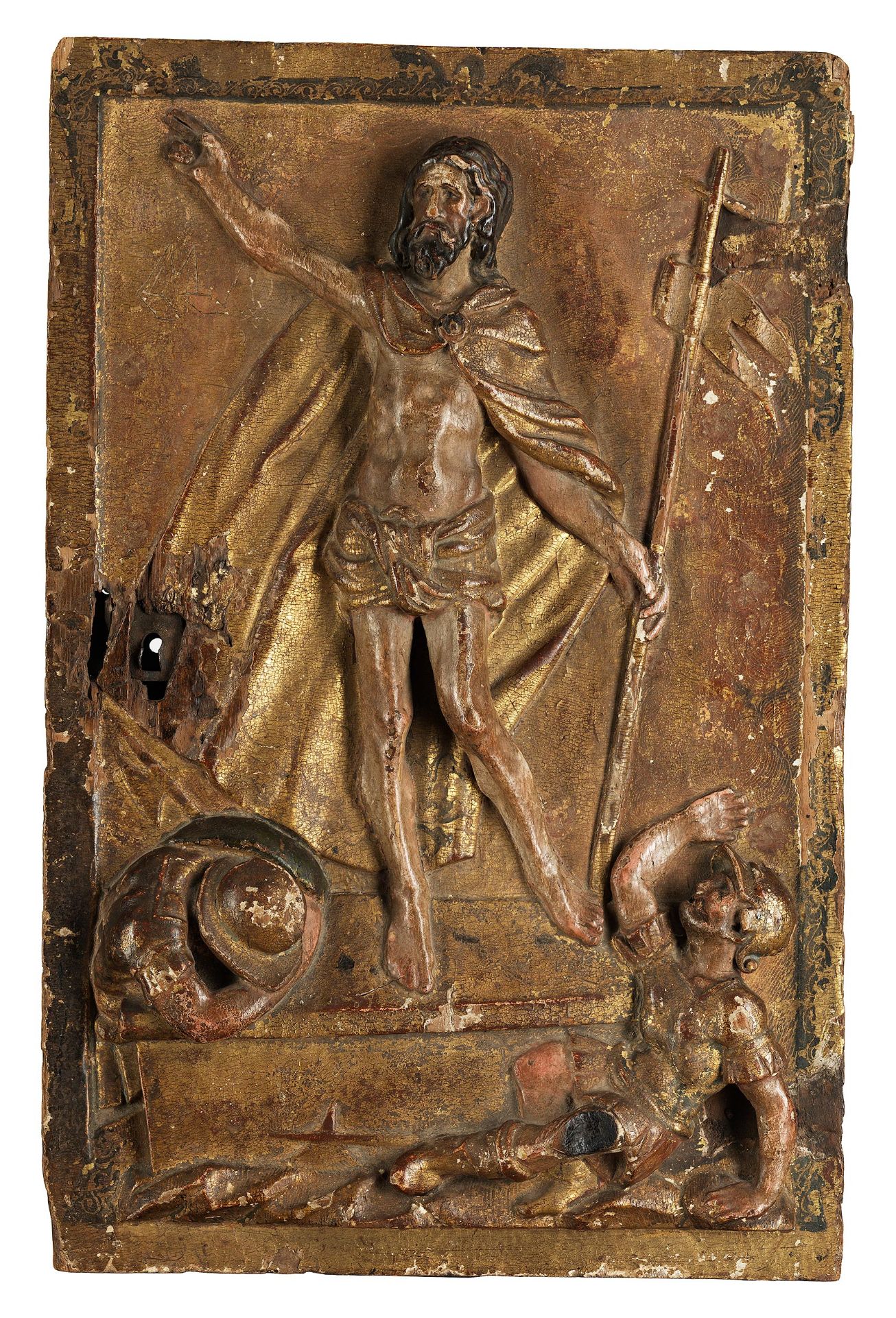 Tabernakeltüre mit vergoldetem Relief Auferstehung Christi – Rückseitig bemalt mit Christus