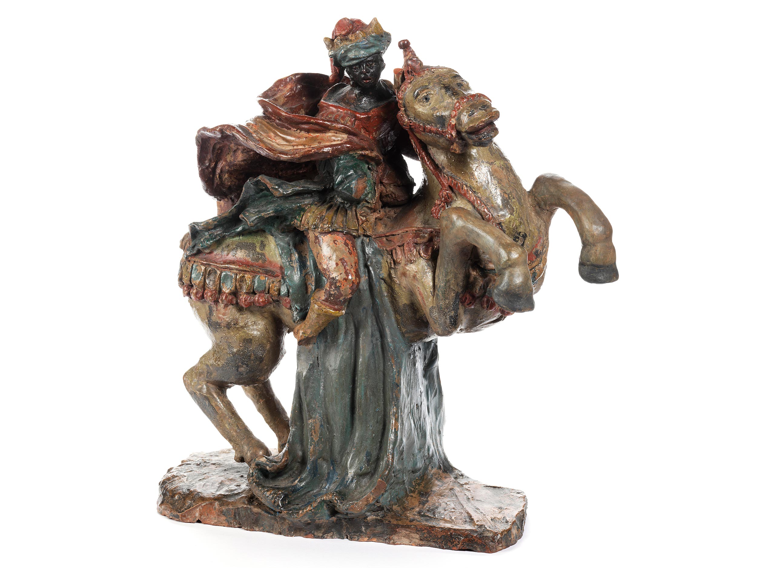 Museale Krippenfigur in Terrakotta, Einer der Heiligen Drei Könige zu Pferde