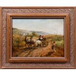 Bauernfamilie mit Pferdekarren (und gebrochenem Rad) in hügeliger Landschaft