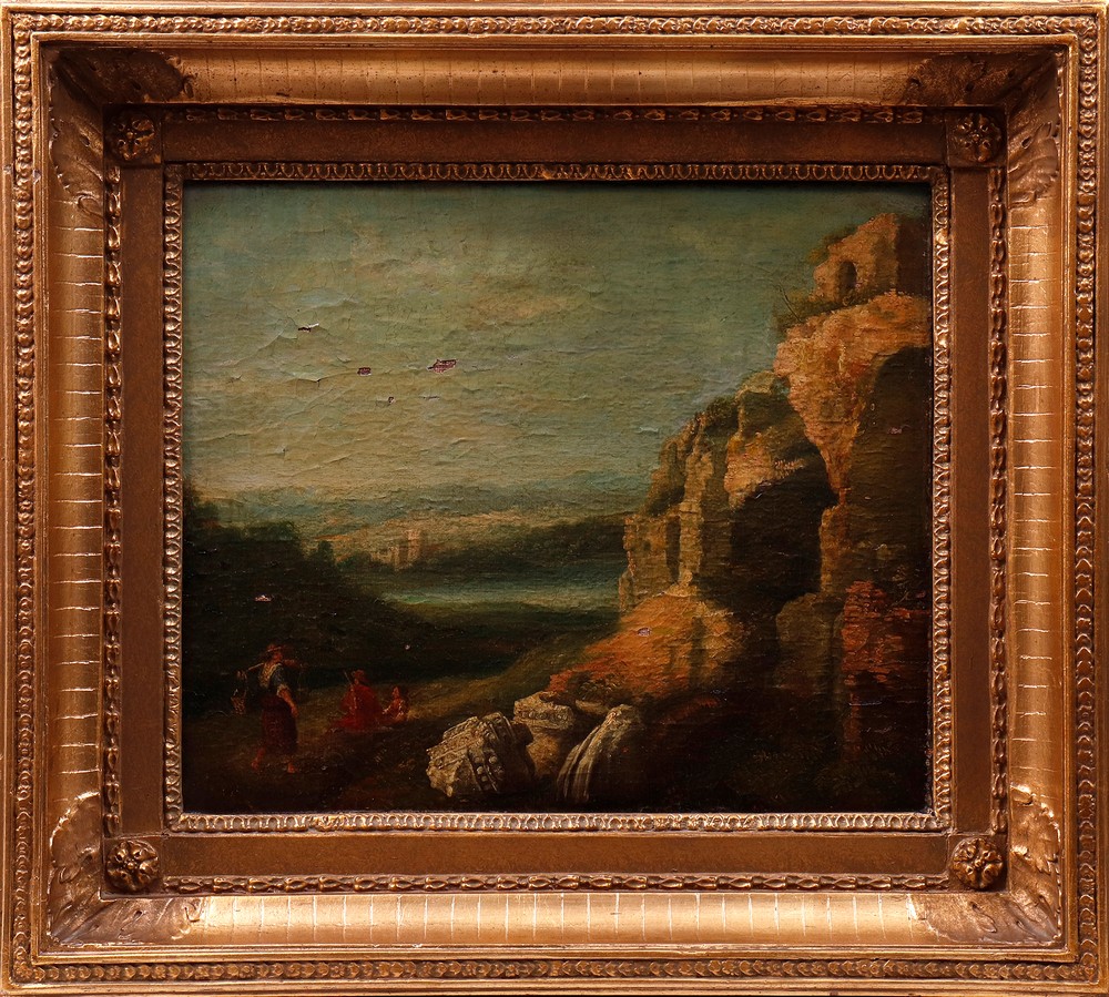 Romantic landscape of ruins with rock grotto and figures, ca. 1800