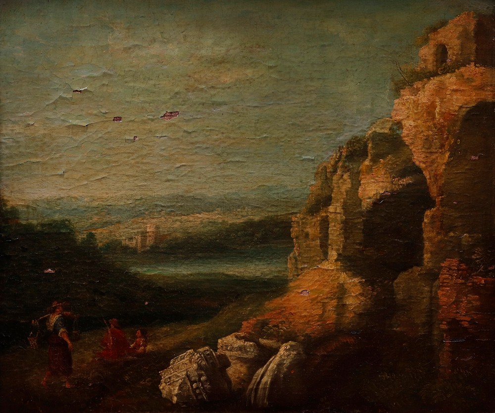 Romantic landscape of ruins with rock grotto and figures, ca. 1800 - Image 2 of 6