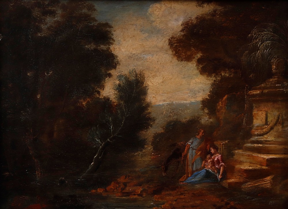 Pastoral landscape with antique elements, palm tree and figures, ca. 1800 - Image 2 of 5