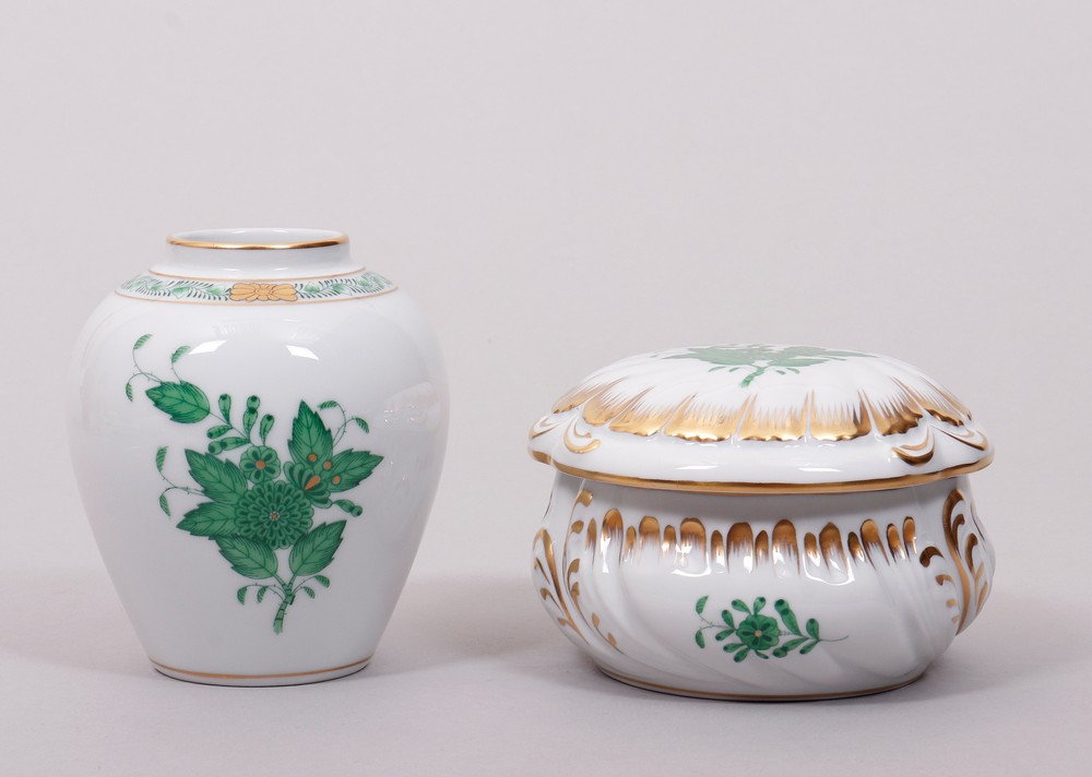 Vase and lidded box, Herend, Hungary, decor "Apponyi green"