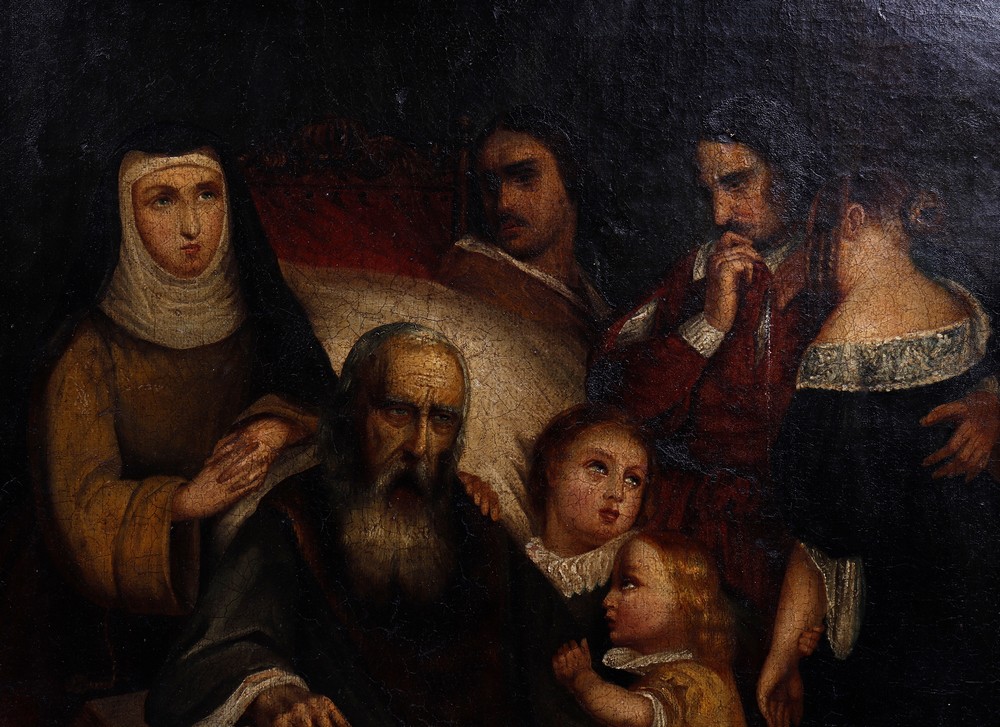 Grieving family and nun standing grouped around an old man - Image 2 of 3