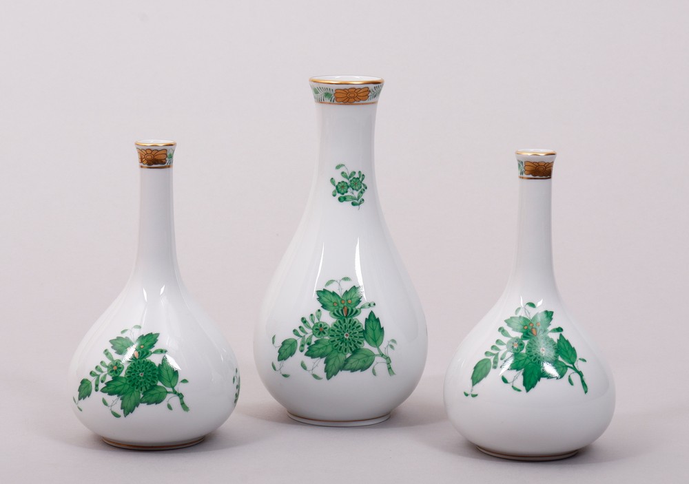Three small vases, Herend, Hungary, decor "Apponyi green", 20th C.