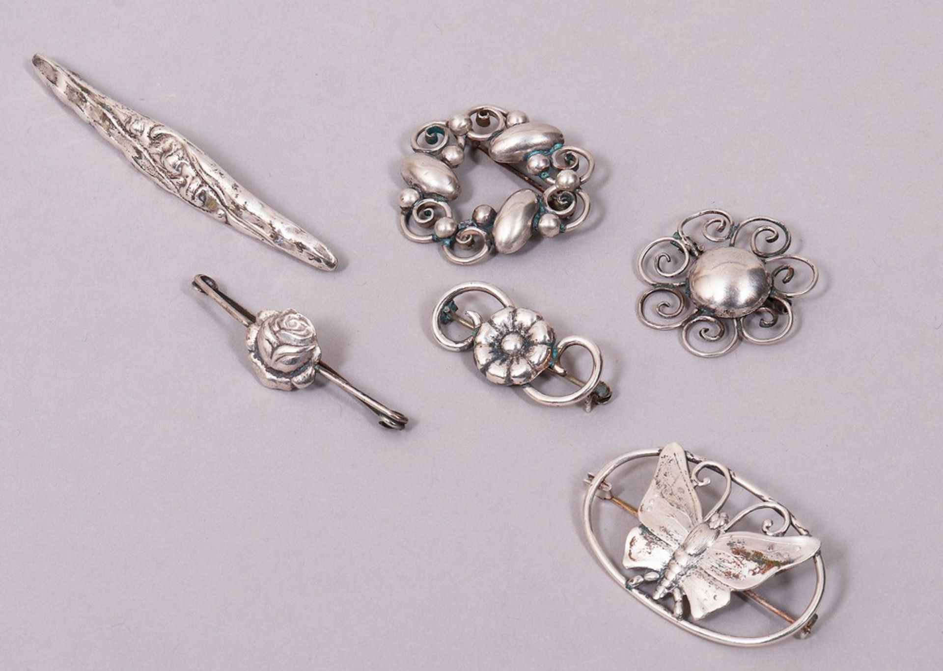 6 brooches, 830 silver, Denmark, 20th C.