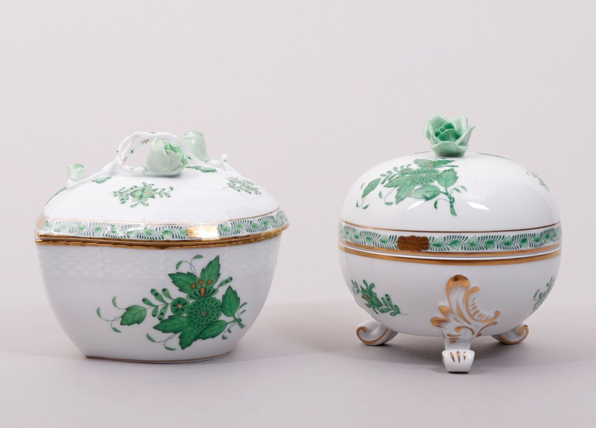 Two lidded boxes, Herend, Hungary, "Apponyi green" decor, 20th C.