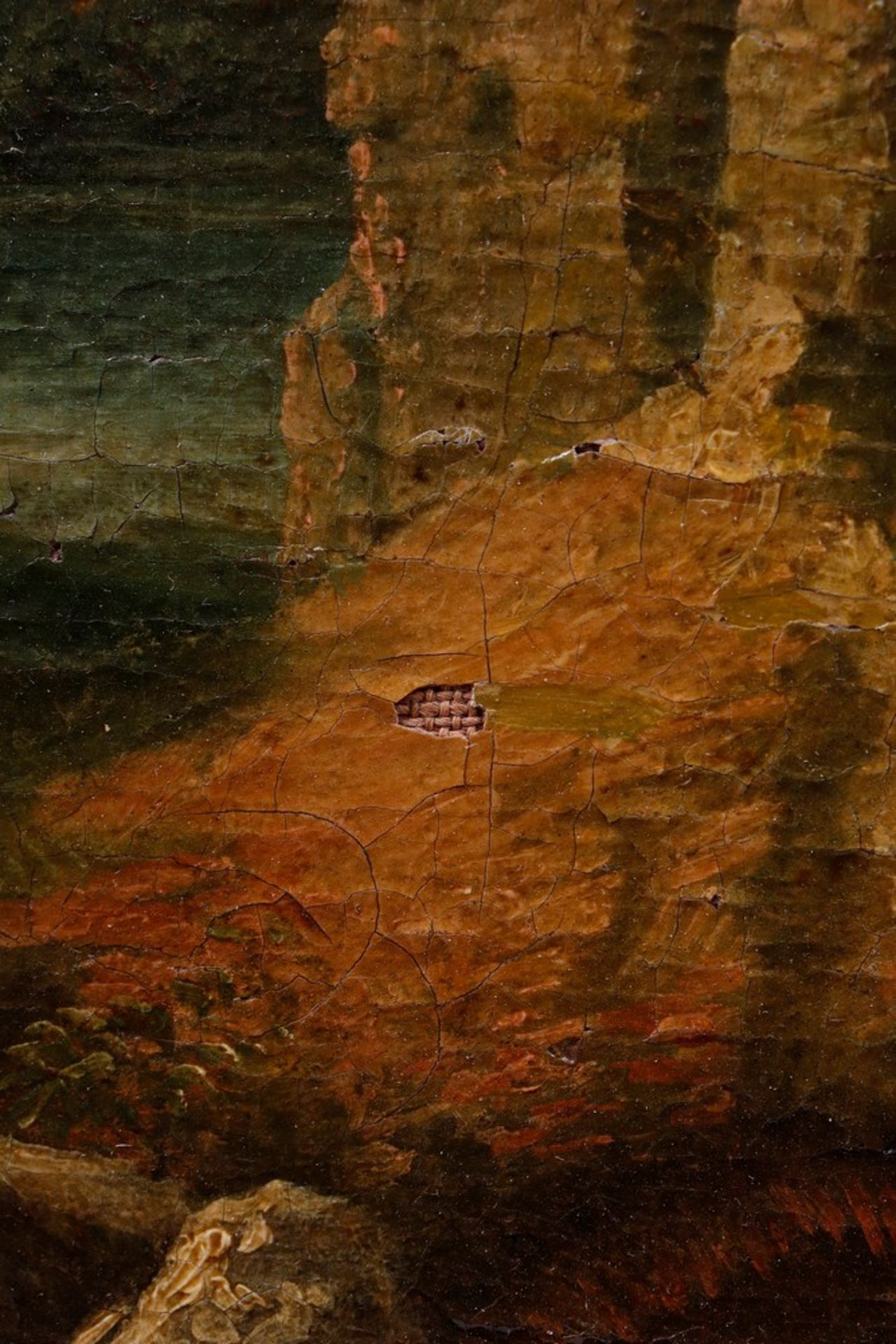Romantische Ruinenlandschaft mit Felsgrotte und Figurenstaffage, um 1800 - Bild 3 aus 6