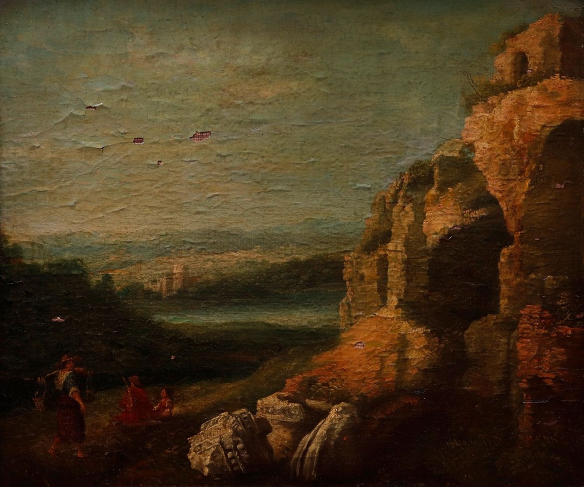 Romantische Ruinenlandschaft mit Felsgrotte und Figurenstaffage, um 1800 - Bild 2 aus 6