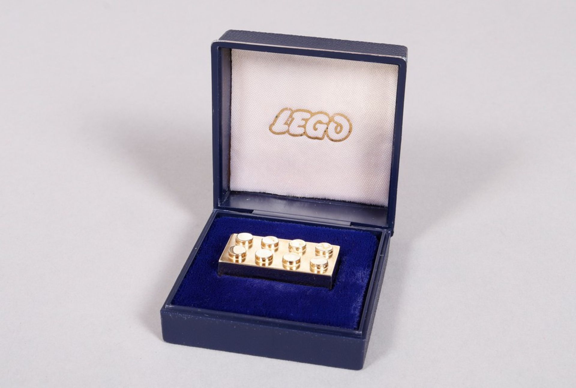 Anniversary Lego brick in box, 585 Gold, c. 1992