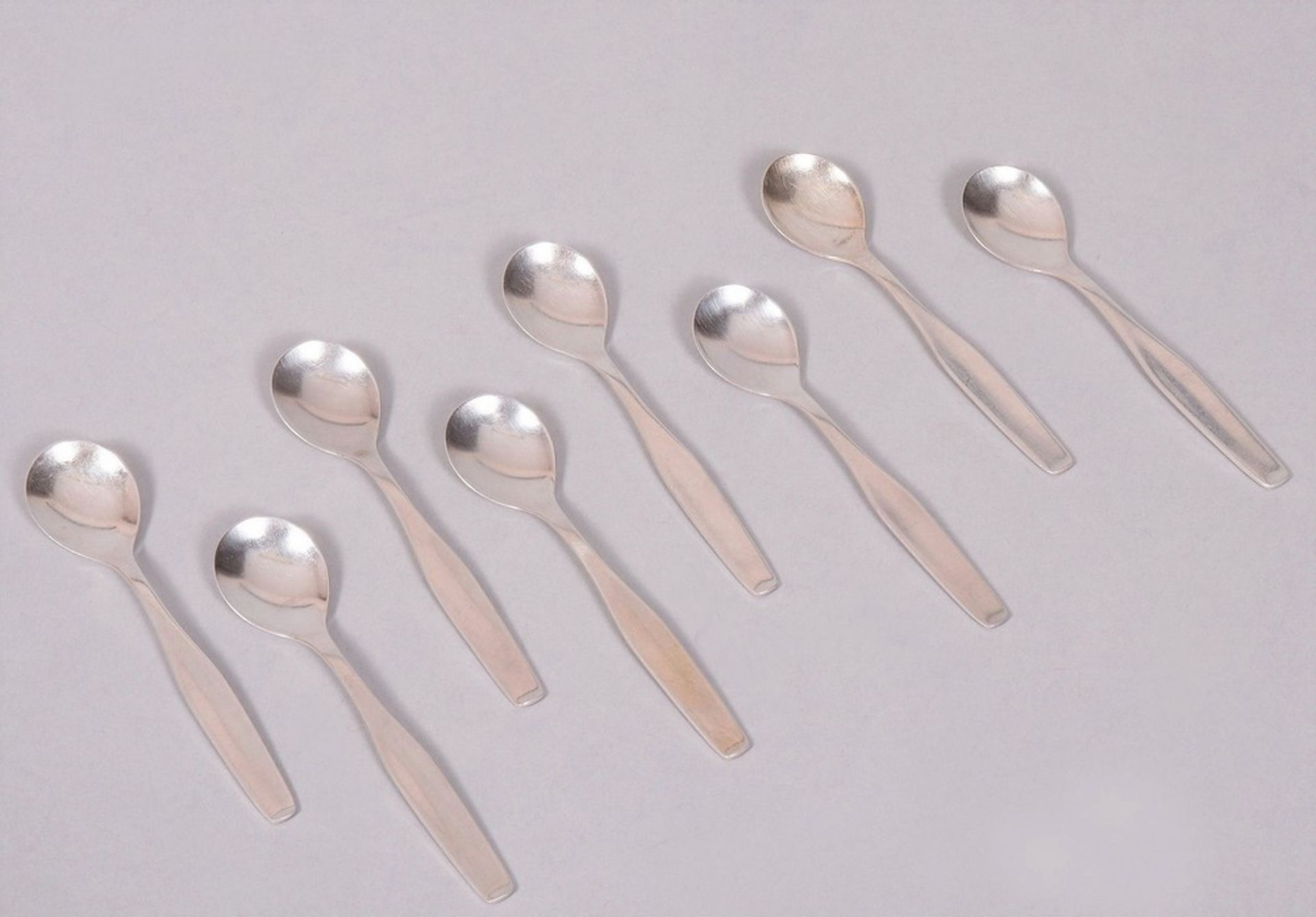 8 mocha spoons, 800 silver, design Wilhelm Wagenfeld (1950/51) for WMF, mid-20th C.