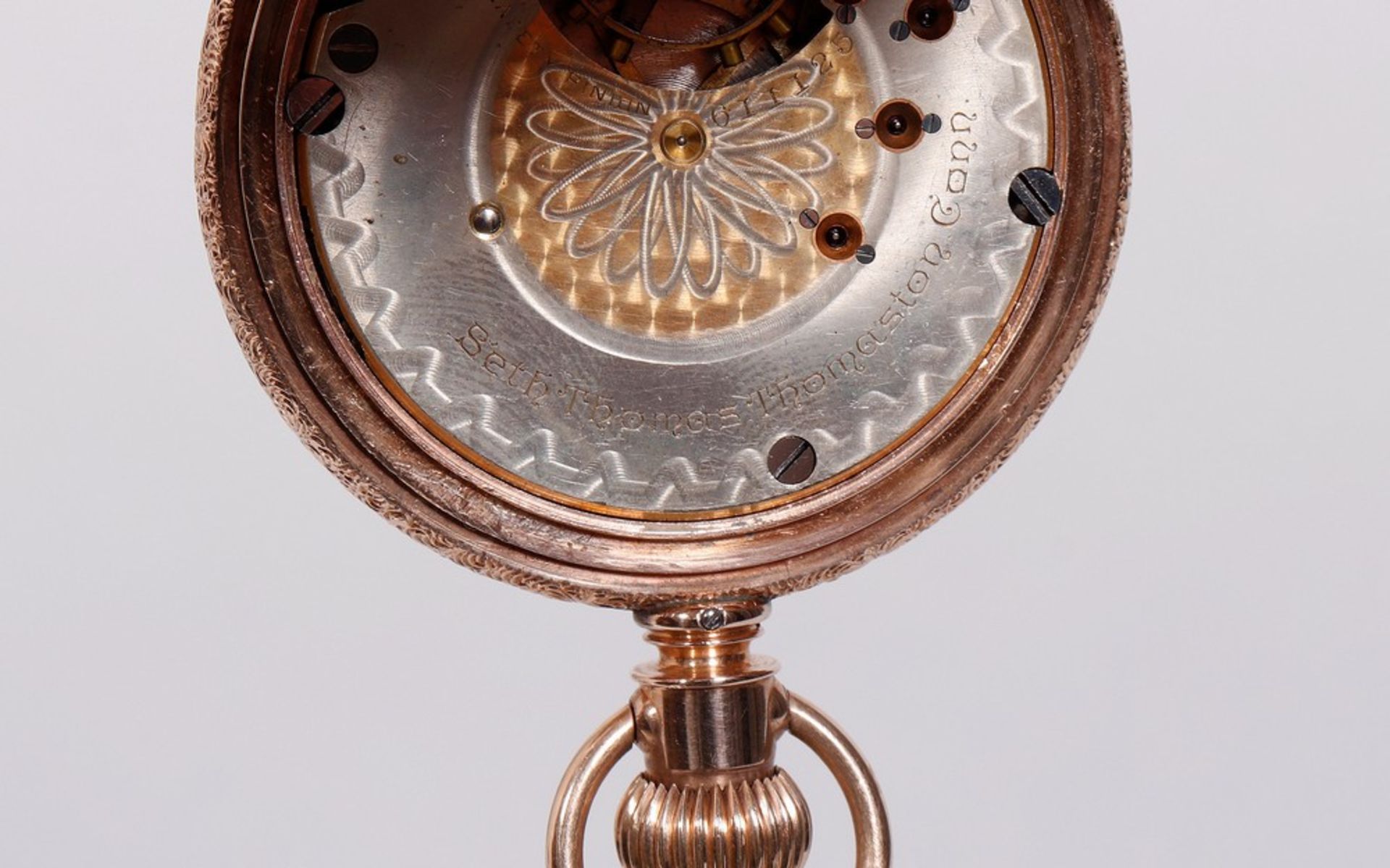 Sehr seltene amerikanische Taschenuhr von 1894, Seth Thomas, Thomaston, Conn., aus 585 Gold  - Bild 7 aus 8