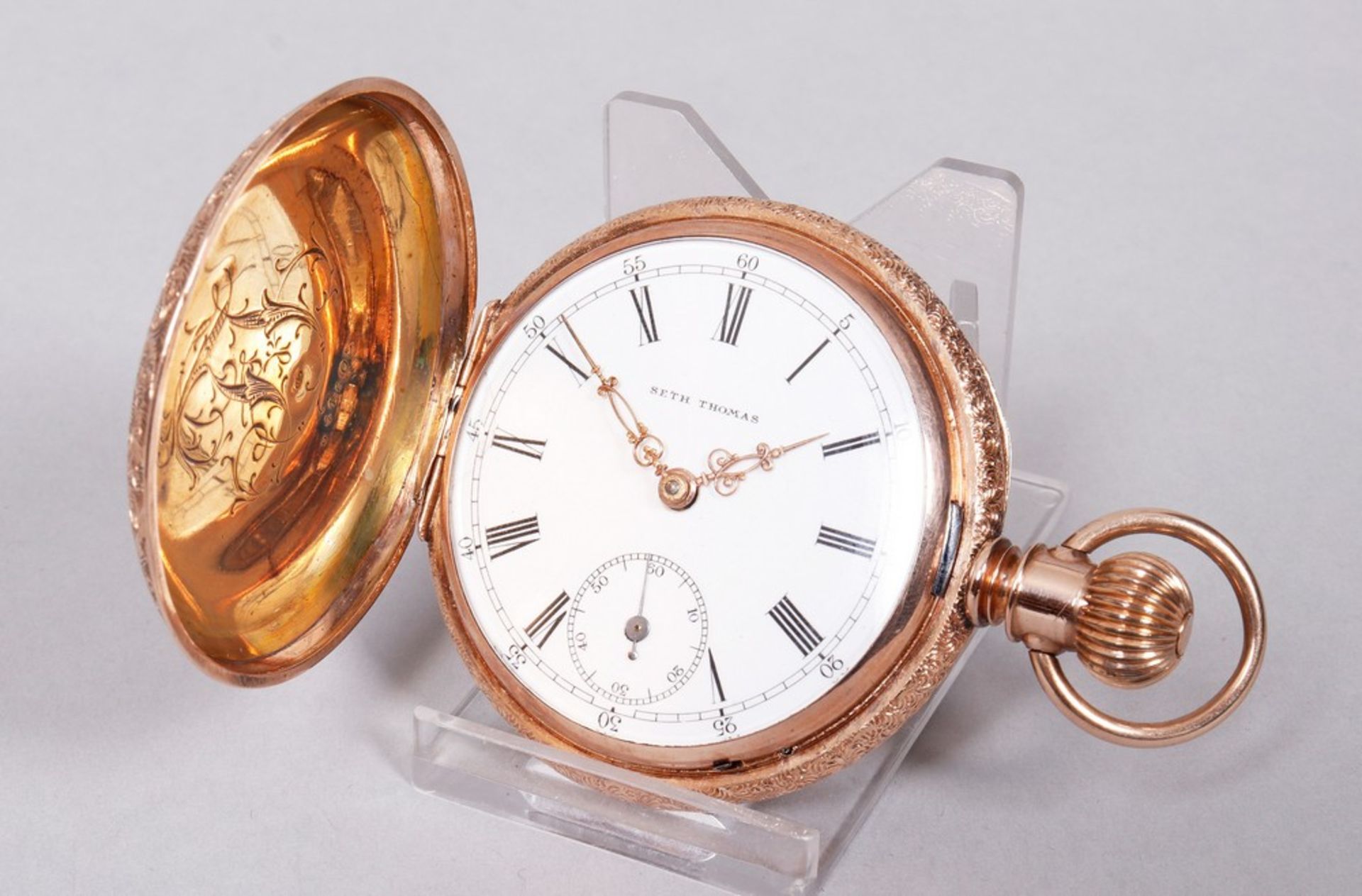 Sehr seltene amerikanische Taschenuhr von 1894, Seth Thomas, Thomaston, Conn., aus 585 Gold 