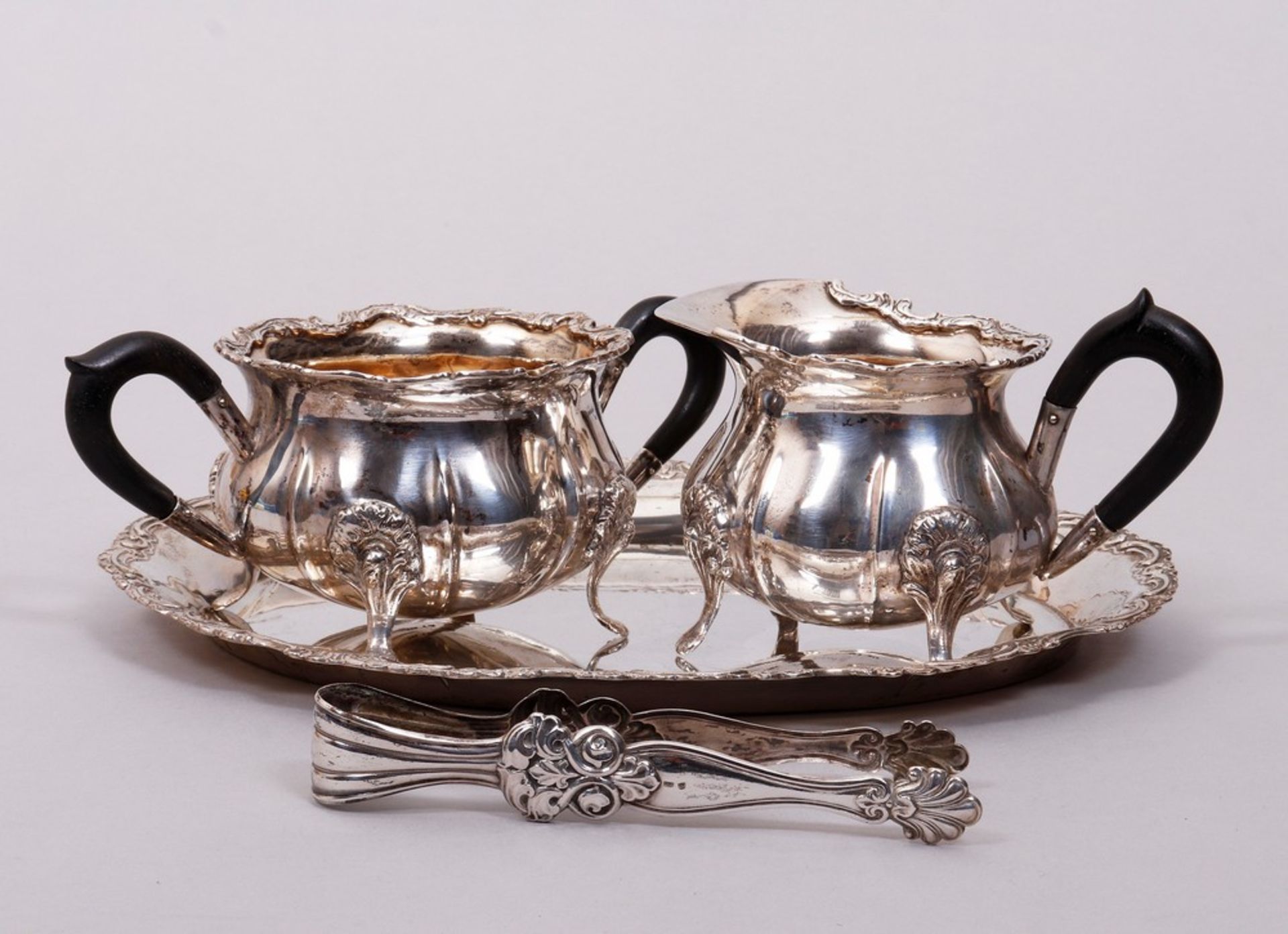 Cream jug and sugar bowl on tray, 800/830 silver, German, ca. 1900/20
