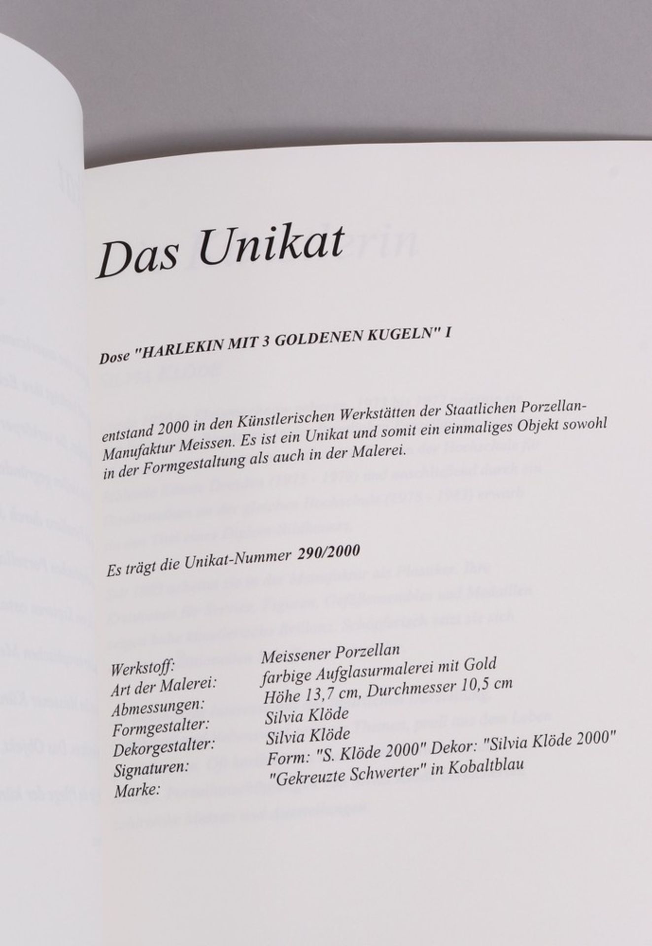Meissen-Unikat-Deckeldose "Harlekin mit 3 goldenen Kugeln I", Silvia Klöde 2000 für Meissen - Bild 13 aus 14