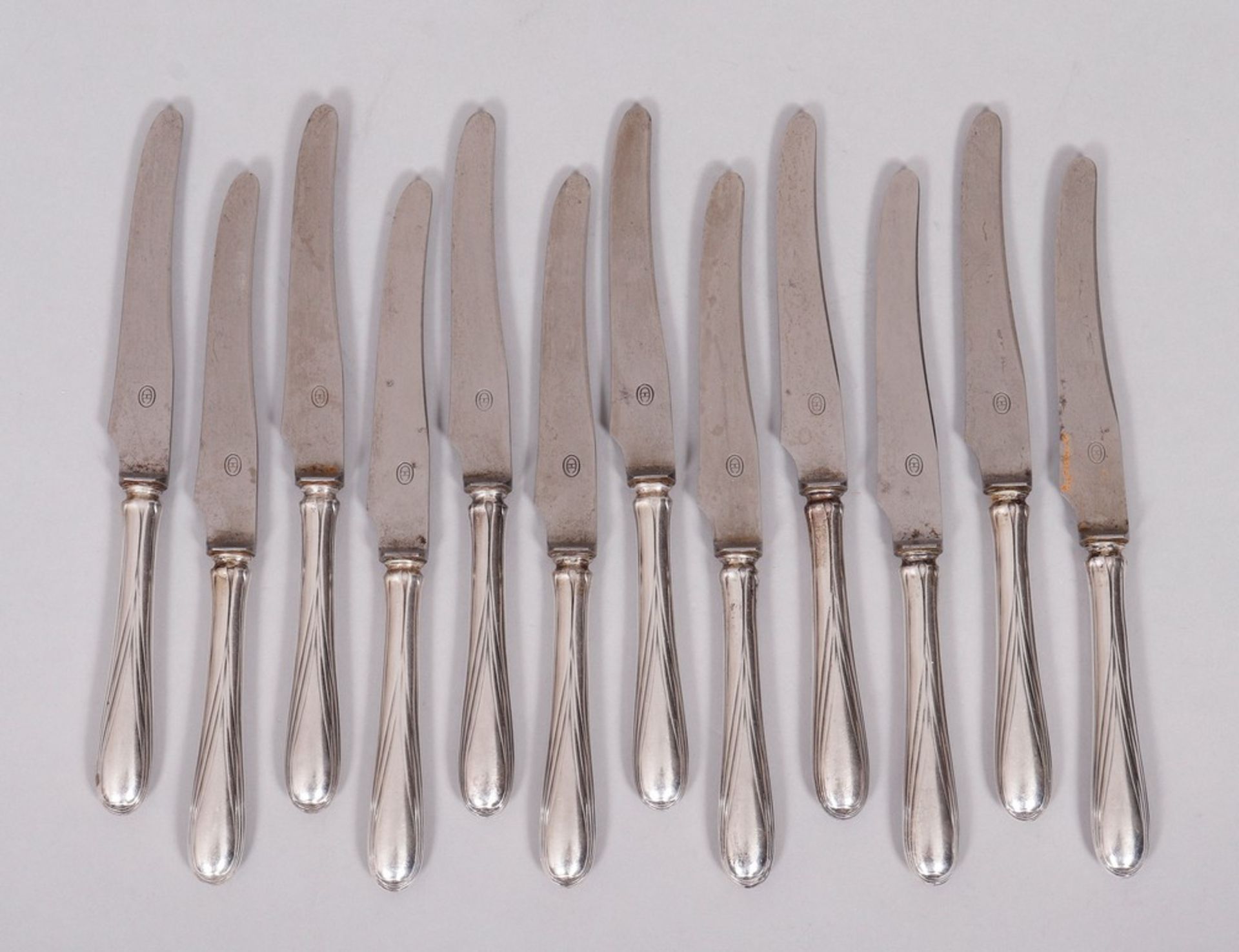 12 knives, 800 silver, design Hans Christiansen (1866, Flensburg - 1945, Wiesbaden) for Bruckmann &