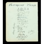 Autographs, Australian Cricket Team 1921, a large folded album sheet with 18 ink signatures from the