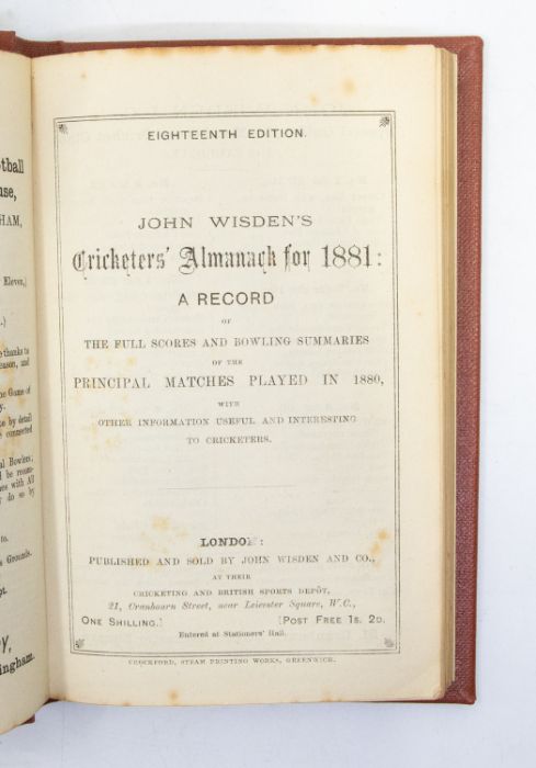 1881 Wisden Cricketers Almanack, rebound in brown boards, front and back covers and adverts, tape - Image 2 of 2