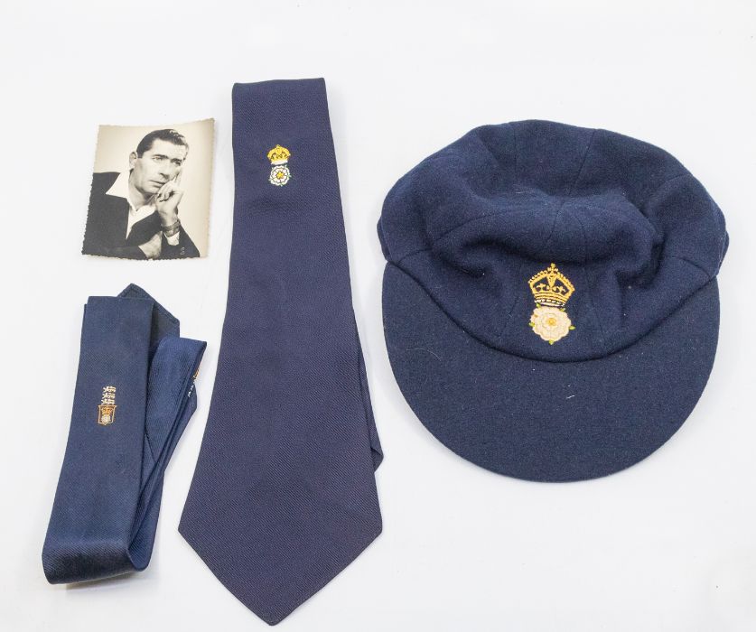 Derek Shackleton's county cricket cap, size 6.5, together with his club tie and another tie with