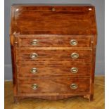 George III mahogany, box and ebony strung bureau, the fall with moulded edge enclosing a fitted
