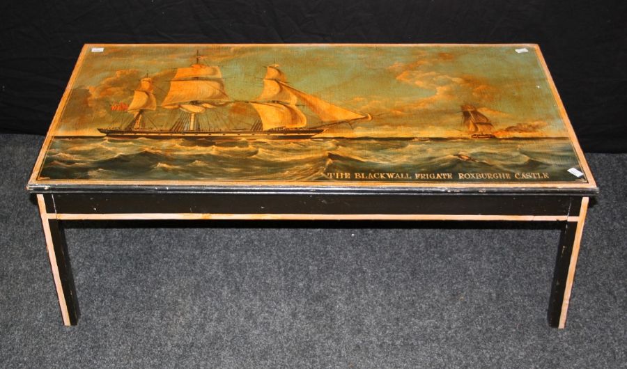 A mid 20th century painted wood coffee level table, the rectangular top decorated with the ship