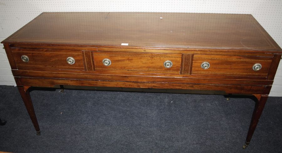 A mahogany and chequer strung converted square framed piano, the top having three frieze drawers,