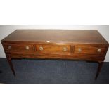 A mahogany and chequer strung converted square framed piano, the top having three frieze drawers,