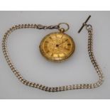 A late 19th century Continental 18ct gold cased open face key wind pocket watch with florally chased