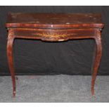 A Louis XV style French mahogany, kingwood crossbanded and marquetry inlaid card table, the