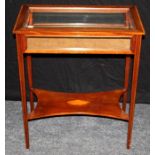 A mahogany and satinwood banded table, raised on tapered legs, W 62cm