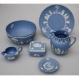 A small collection of Wedgwood pale blue Jasper including fruit bowl, milk jug and other wares