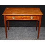 A late George III mahogany and satinwood banded side table fitted with a long frieze drawer raised
