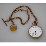 A Gentlemans 9ct gold cased crown wind open face pocket watch with 4cm diameter enamel Arabic and