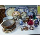 Mixed ceramics and glass to include 2 willow pattern platters , Royal commemoratives cranberry glass