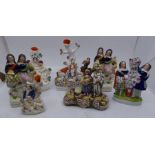 Collection of 19th C Staffordshire figures , including an early tithe  pig group circa 1820 and 6