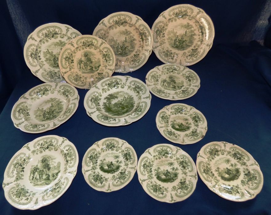 A group of Brameld Don Quixote green transferware  , 2 soup plates 3 dinner plates 2 dessert