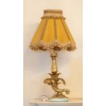 A pair of fine late 19th/ early 20th century gilt metal table lamps with shades 79cm H (2) Please