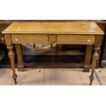 A 19th Century fruitwood hall table, having one single drawer, on bracket feet, crest to front, on