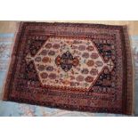 A hand-knotted Middle Eastern rug having motif borders and a geometric central panel with bird
