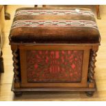 A Victorian mahogany barley twist Canterbury/piano stool, beaded embroidery top and carved harp
