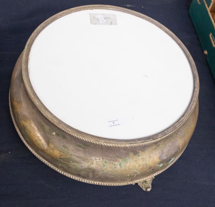 A 20th Century large circular silver plated cake stand, engraved decoration to the mount