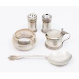 A collection of silver to include: a small three piece condiment set, hallmarked Birmingham, 1933; a