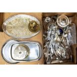 A large collection of plated flat wares, biscuit barrel, trays, dishes, other plated wares, along